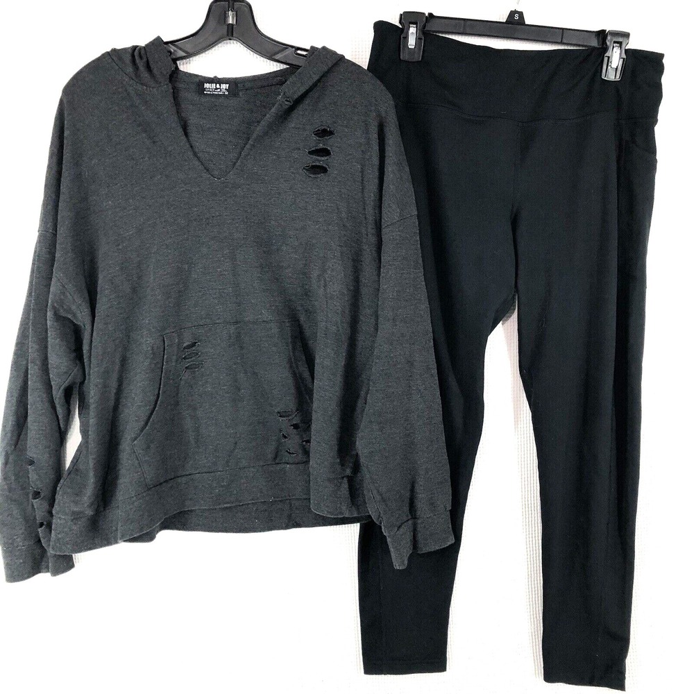 Women's athletic wear 2X‎ gray distressed hoodie and L black leggings Jolie Joy